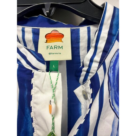 FARM Rio Garden Tiles Bell Sleeve Mini Dress Blue White Sz Large New - Picture 9 of 11